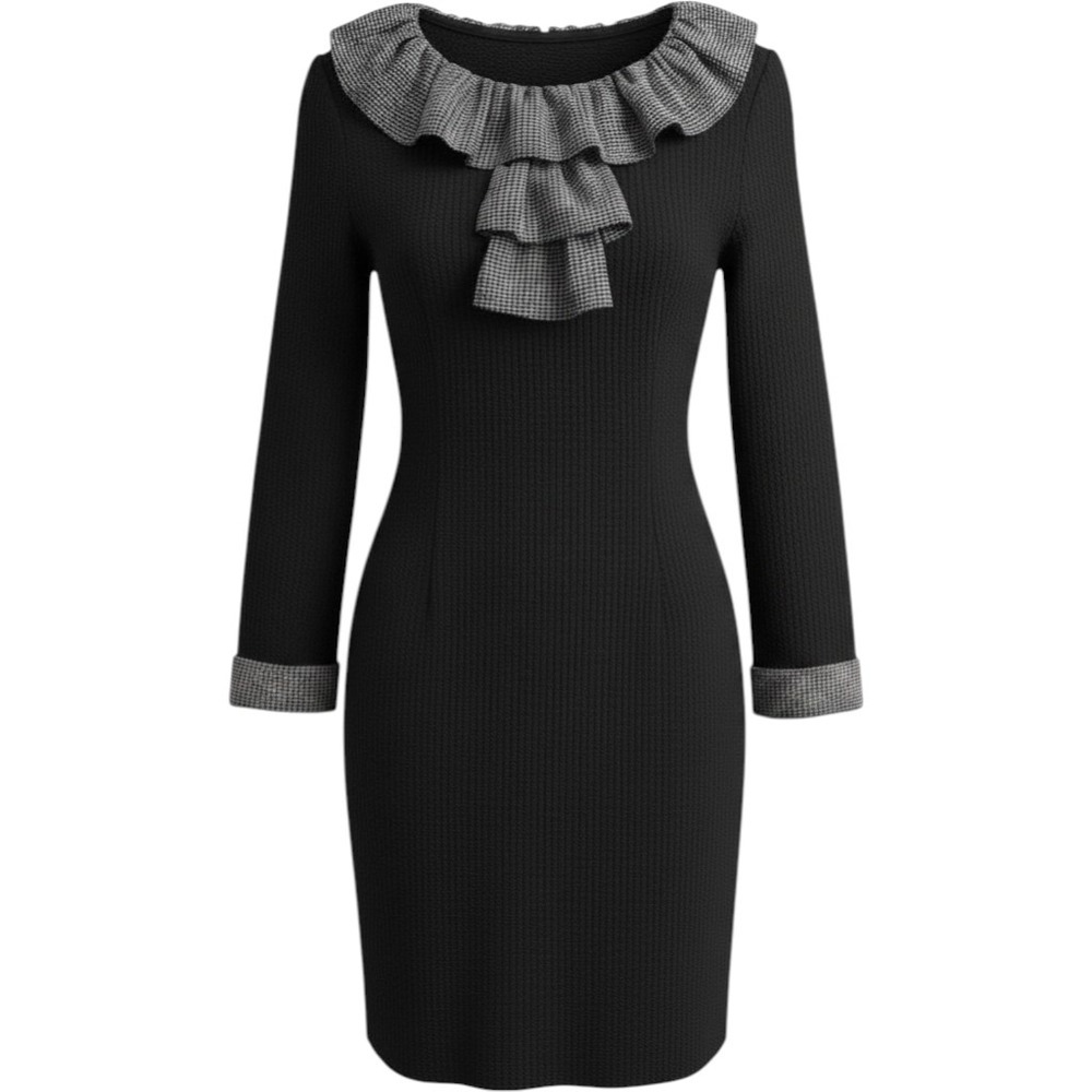 Miss Patina London Brown Houndstooth Shift Dress Ruffle Collar Cozy Fall 14